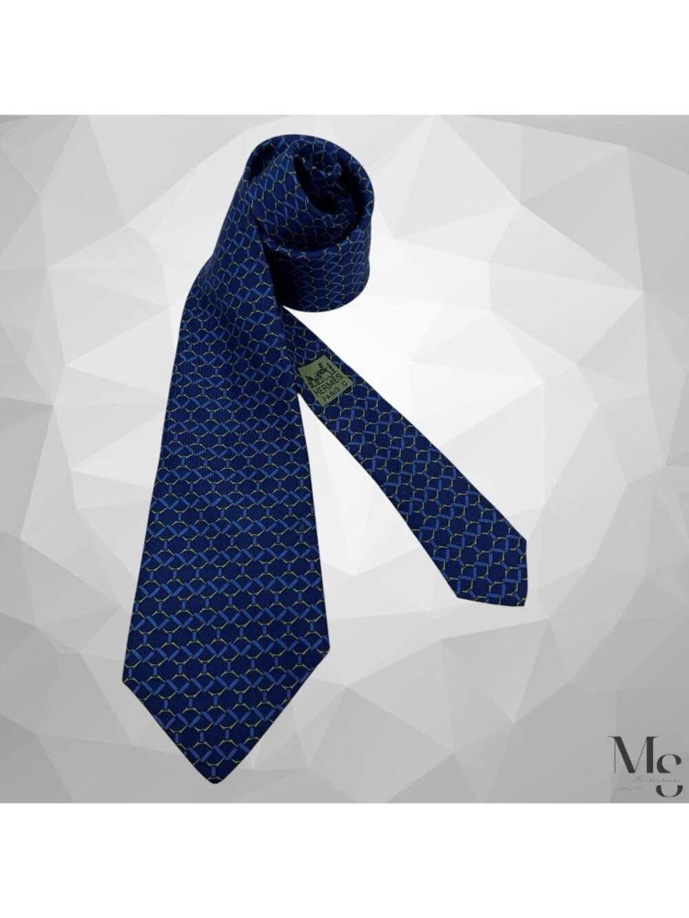 HERMES PARIS 7090 OA Navy Blue Green Chain Link Print Silk Tie France EUC